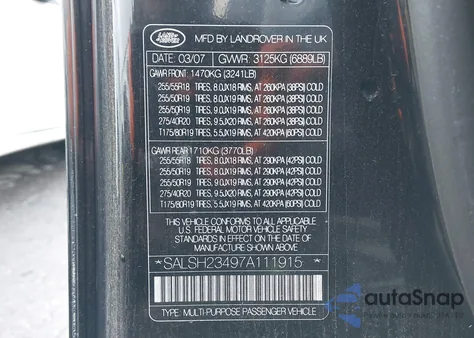 2007 Land Rover Range Rover Sport Supercharged z USA, uszkodzony, nr VIN SALSH23497A111915